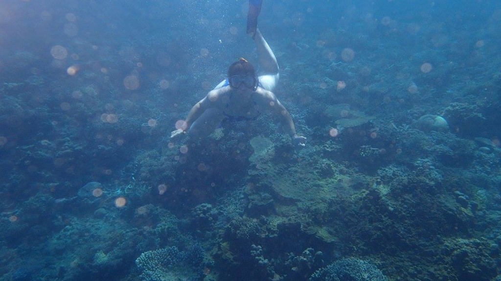 Me voici en grande forme, après l'ascension du mont Chougi, parmi les beaux coraux et poissons.