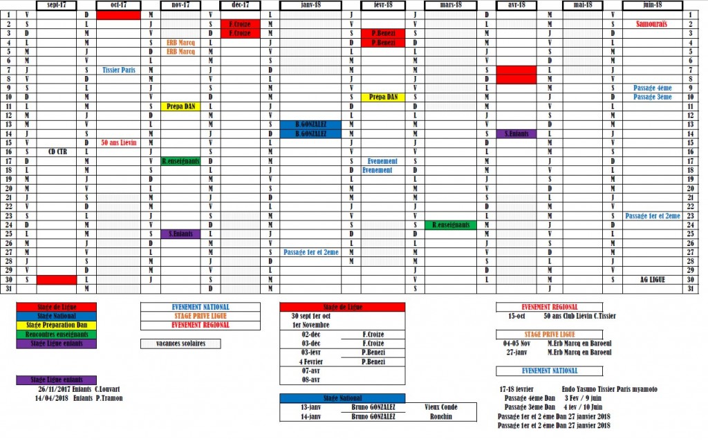 image du calendrer des stages de Ligue 2017-2018